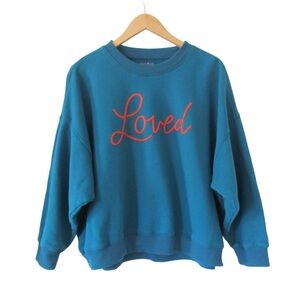 Natural Life Blue Loved Sweatshirt Large Heart Elbow Patches Dolman Sleeves